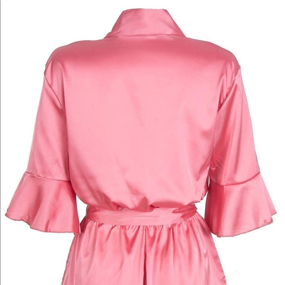 LAST ONE! Pink Coral Ruffle Tie Waist Satin Romper - Picture 4 of 7